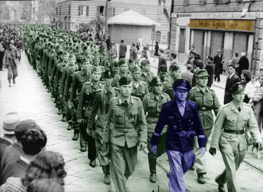Genova, 26 aprile 1945: prigionieri della Kriegsmarine (elab. da Il generale e l'operaio, Genova, 2009 - le foto di questa pubblicazione sono tratte da: Archivio Secolo XIX e Istituto storico della Resistenza in Liguria) - grafica A.B.