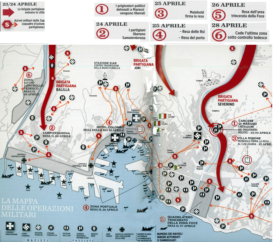 Genova, 23-28 aprile 1945: mappa delle operazioni militari (da Il generale e l'operaio, Genova, 2009 - rielaborazione da Atlante storico della Resistenza italiana, B. Mondadori, 2000)
