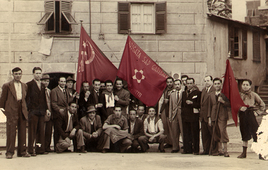 Genova, 1945, partigiani della Brigata Garibaldi SAP 'Piero Pinetti' dopo la Liberazione - grafica A.B.