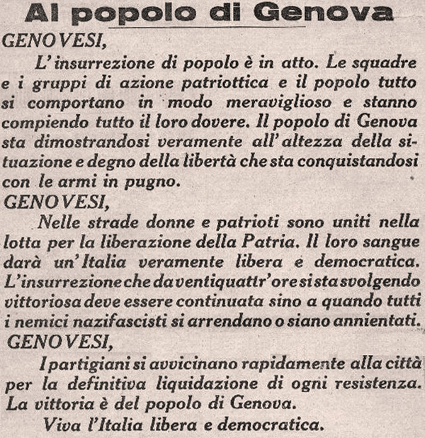 Genova, 25 aprile 1945: comunicato del Comando Militare Regionale