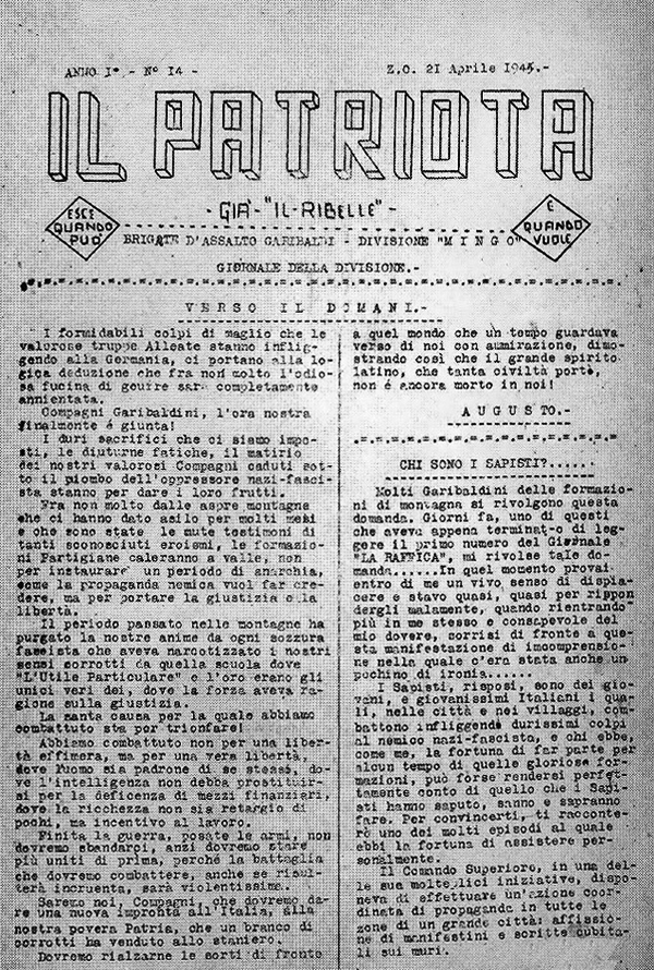 Il Patriota, giornale della Divisione Mingo, Brigate d'assalto Garibaldi, aprile 1945